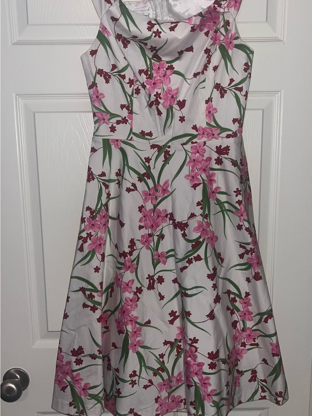 Donna Ricco White Dress with Pink Floral Print and Green Leaves